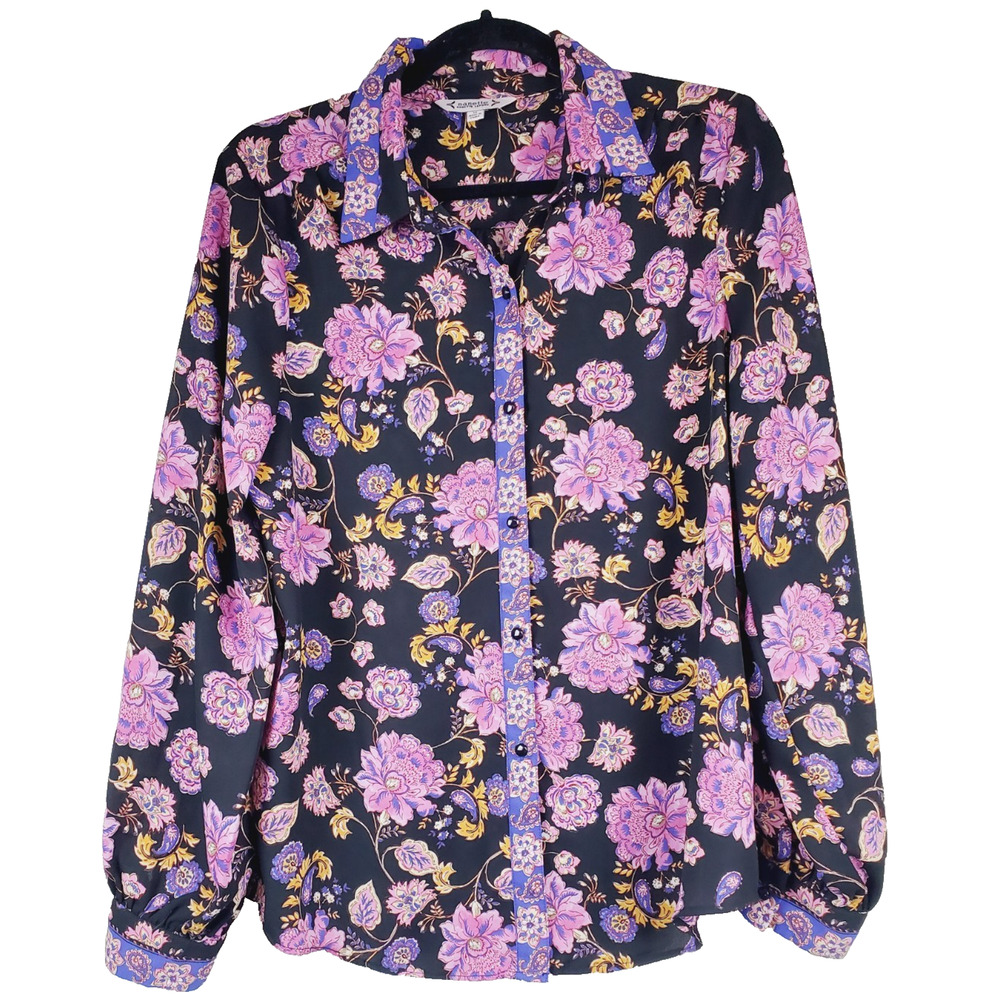Nanette Lepore Womens‎ Medium Top Button Front Black Long Sleeve Pink Floral